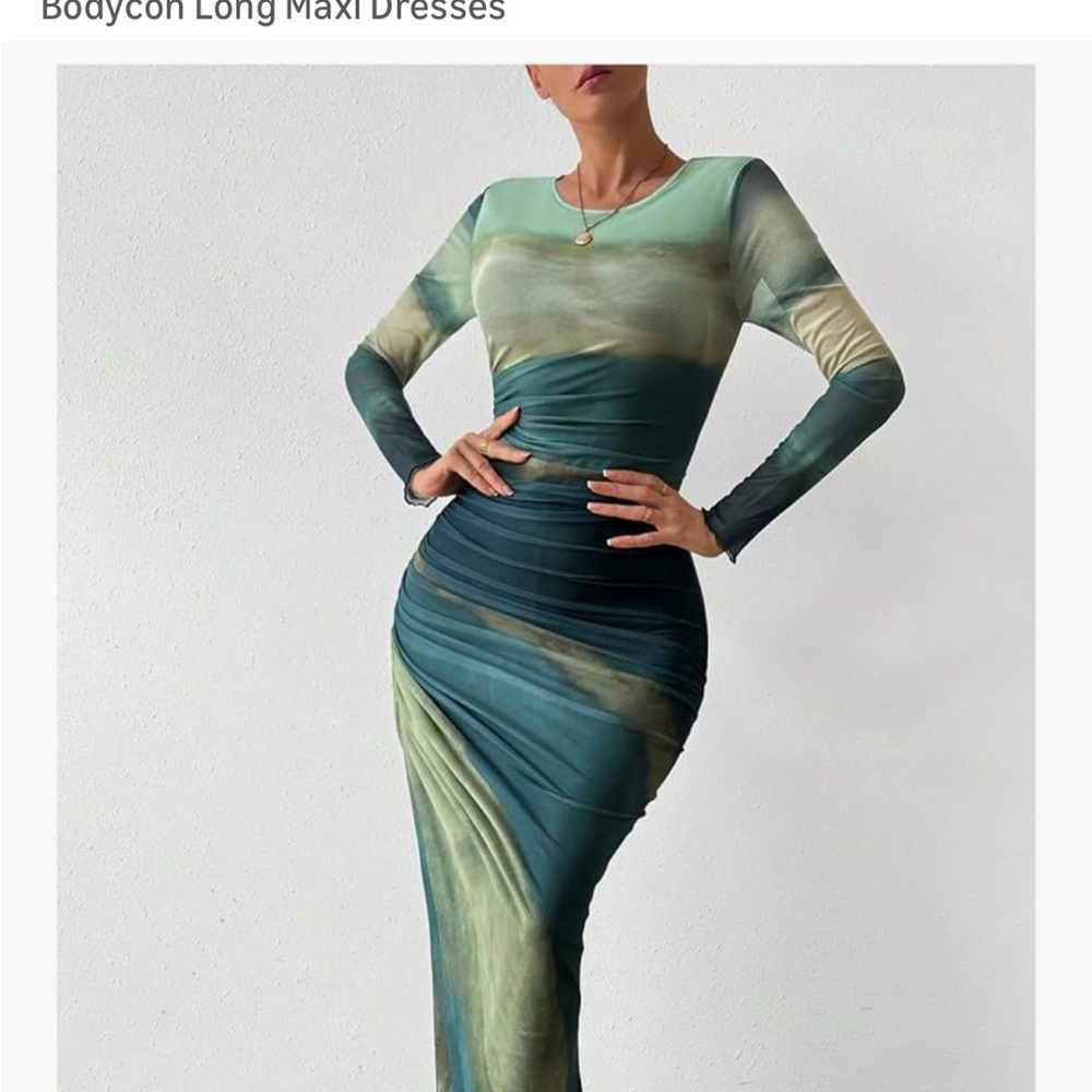 NWOT Ruched Sheer Mesh Long Sleeve Dress Bodycon Long Maxi Dresses